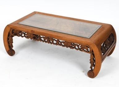 ASIAN CARVED TEAK & GLASS COFFEE TABLE C. 1960S