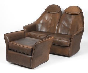 SWISS TWO SEATER LEATHER SOFA & OTTOMAN C.1970S