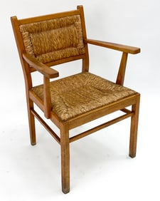 FRANCIS JOURDAIN STYLE DUTCH OAK & RUSH ARMCHAIR
