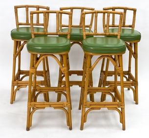 (5) DUTCH BAMBOO & LEATHER BARSTOOLS, C. 1970