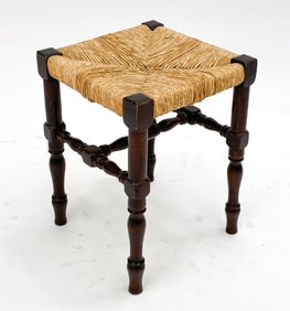 FRENCH OAK & RUSH STOOL C. 1950S