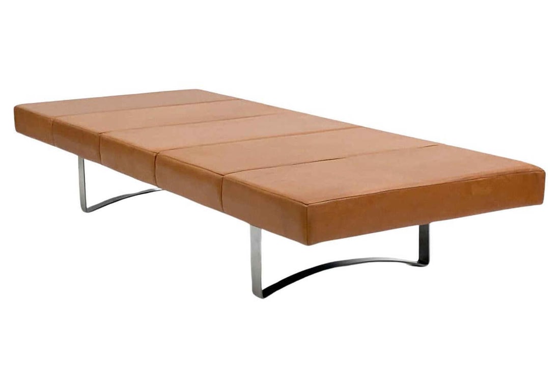 LEATHER DAYBED BY BODIL KJAER FOR ILLUMS BOLIGHUS: This stylish daybed was designed by Danish maker Bodil Kjaer for manufacturer Illums Bolighus. The original tag is affixed underneath the piece, with both the manufacturer and designer name. This dayb