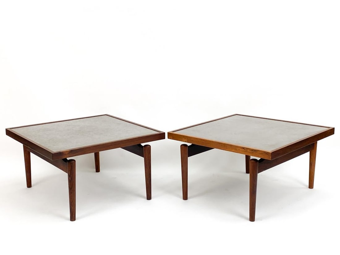 PAIR OF HEINZ LILIENTHAL ROSEWOOD & METAL TABLES: This attractive pair of side tables have been attributed to Heinz Lilienthal, famed German designer known for his glass works in the 1960s. These tables are an iconic example of Lilienthal's work, com