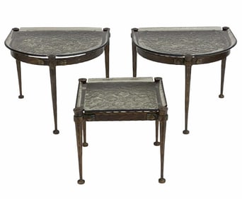 SET OF 3 LOTHAR KLUTE GLASS & BRONZE COFFEE TABLES