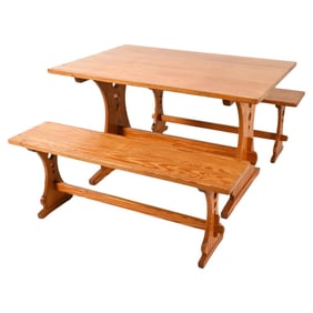 SWEDISH PINE DINING TABLE AND BENCHES, CIRCA 1970S