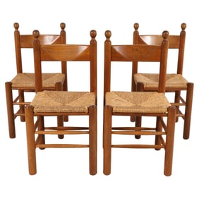(4) DUTCH OAK & RUSH BRUTALIST DINING CHAIRS