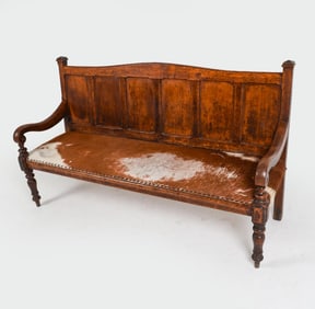 SCANDINAVIAN OAK SETTLE BENCH W/ COWHIDE