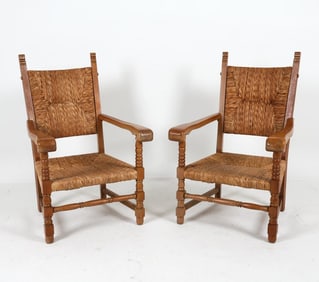 PAIR OF DUTCH OAK AND RUSH DINING ARM CHAIRS
