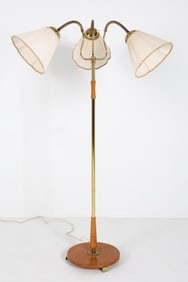 SCANDINAVIAN BEECH & BRASS TRIPLE LIGHT FLOOR LAMP