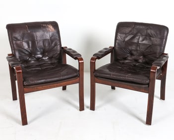 PAIR OF DANISH BEECH & LEATHER LOUNGE CHAIRS 1960S