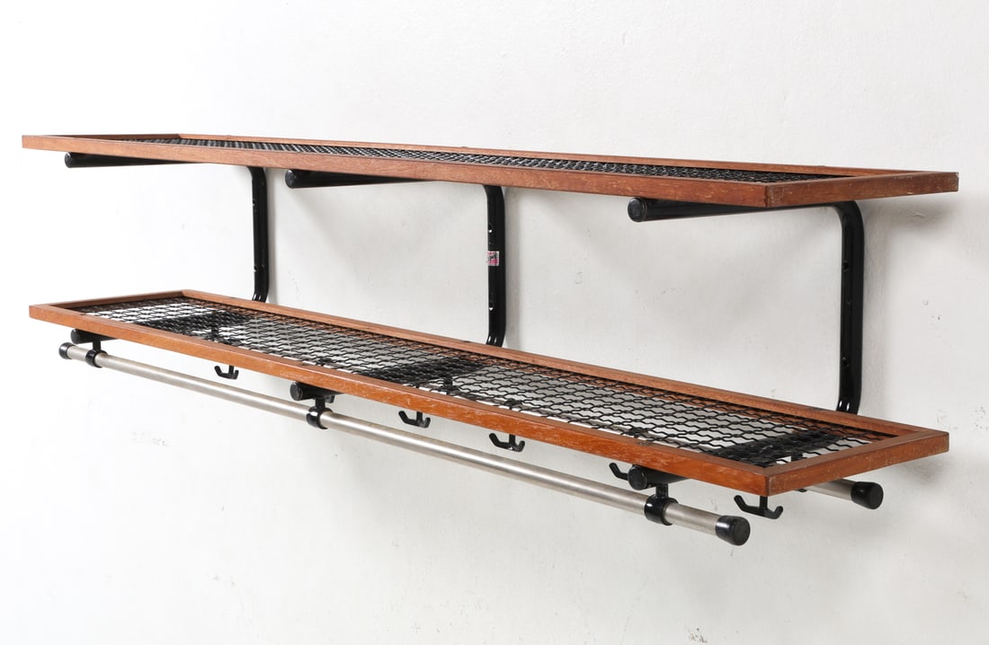 SWEDISH TEAK & METAL COAT RACK C. 1960S: Coat rack with frame of teak and metal. Sweden, circa 1960s. Dimensions: H 12.5" x W 55.25" x D 12.5". Condition: Few scuffs and scratches to wood. Few flakes to painted finish on metal. Wear consiste