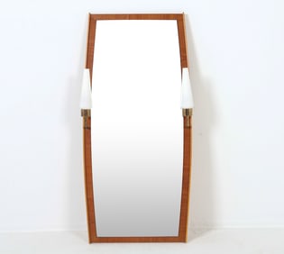 SWEDISH TEAK WALL MIRROR W/ SCONCES C. 1960S