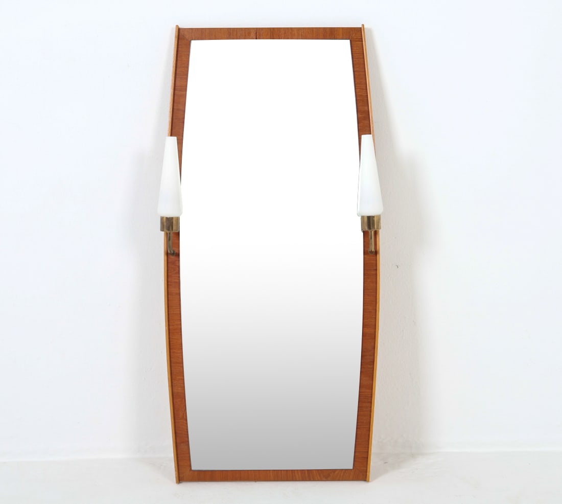 SWEDISH TEAK WALL MIRROR W/ SCONCES C. 1960S (1 of 10)