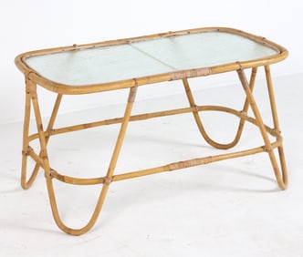 SCANDINAVIAN BAMBOO & RATTAN GLASS COFFEE TABLE