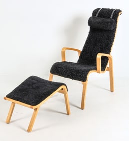 YNGVE EKSTROM STYLE BEECH LOUNGE CHAIR W/ OTTOMAN