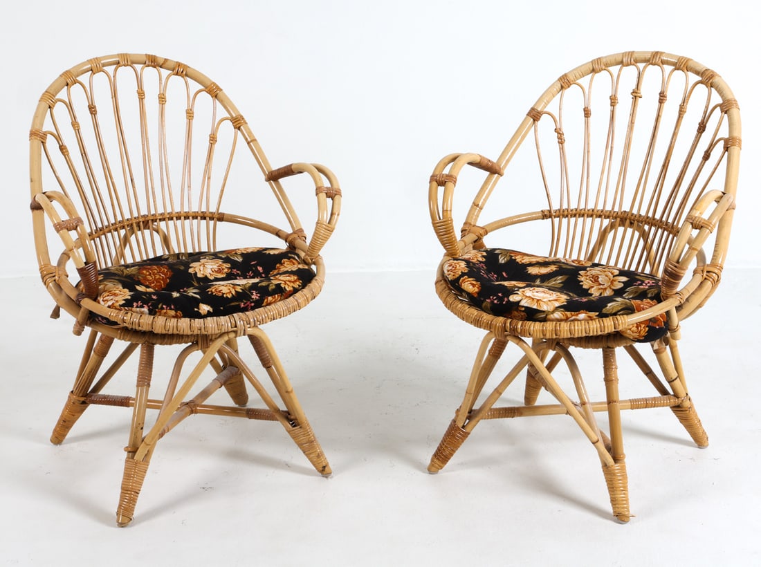 PAIR OF DANISH BAMBOO RATTAN PATIO CHAIRS C. 1970S: Dimensions: H 31" x W 24.5" x D 23.5" x SH 17". Condition: Minor scuffs and rubs to frames. Wear consistent with age and use.
