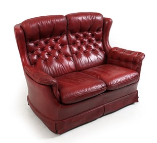 SWEDISH CHESTERFIELD STYLE RED LEATHER SOFA