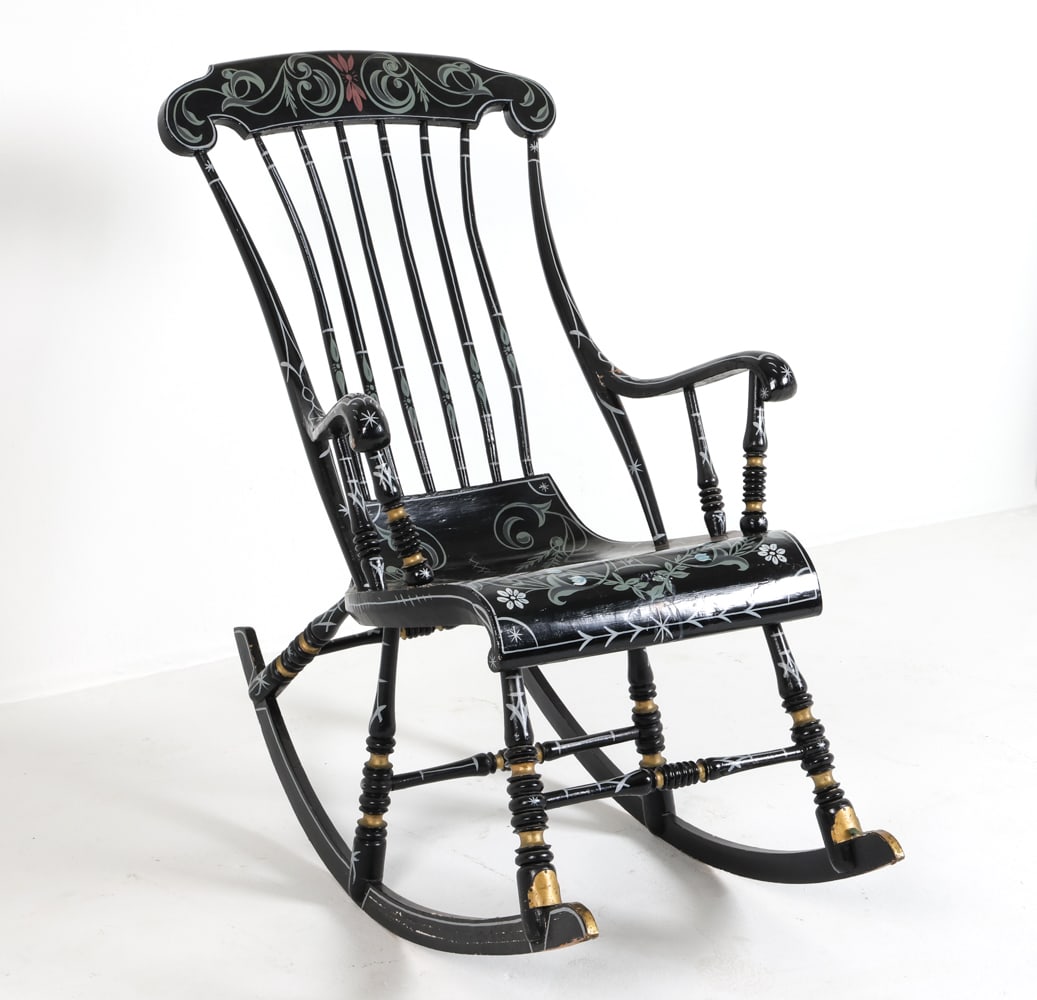 SCANDINAVIAN PAINT DECORATED ROCKING CHAIR 1970S: Wooden rocking chair with painted decoration. Scandinavian, circa 1970s. Dimensions: H 42" x W 24.5" x D 44.25" x Sh 20". Conditions: Minor chipping to paint mostly to legs. Wear consistent with age a