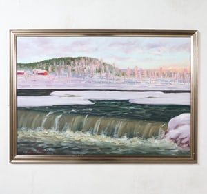 SWEDISH WATERFALL O/C PAINTING