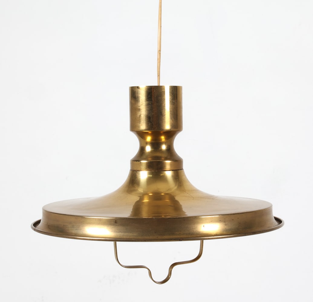 VITRIKA DANISH BRASS PENDANT LIGHT C. 1970S: Brass saucer shaped pendant light with handle. Originally a 'rise and fall' model. Denmark, circa 1970s. Dimensions: H 14.5" x Dia. 15". Condition: Wiring untested. No pulley mechanism. Minor scuffs a