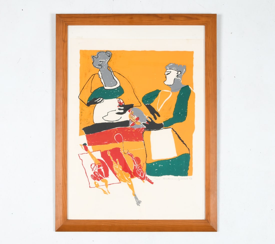 BENTEMARIE KJELDBAEK (DANISH B. 1952) SILKSCREEN: Signed by artist, dated 93. Edition 68/275. Depicts a woman shopping at a butcher. With chickens on the counter top. Frame: H 30.75" x W 22.75" Sight: H 25" x W 18.5" Condition: Minor blemishes to pap