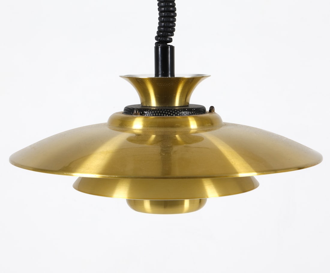 MID-CENTURY DANISH BRASS PENDANT LIGHT: Saucer pendant light with pulley mechanism for height adjustment. Dimensions: H 7" x Dia. 16". Condition: Wiring untested. Scuffs and scratches to shade. Wear consistent with age and use.