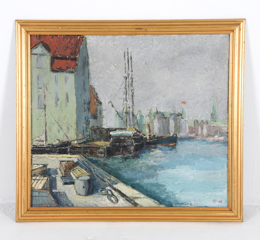P. J. (20TH C. DANISH) IMPRESSIONIST SHIPYARD O/C (1 of 5)