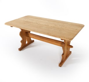 KJAERNULF STYLE DANISH OAK TRESTLE TABLE C. 1970S