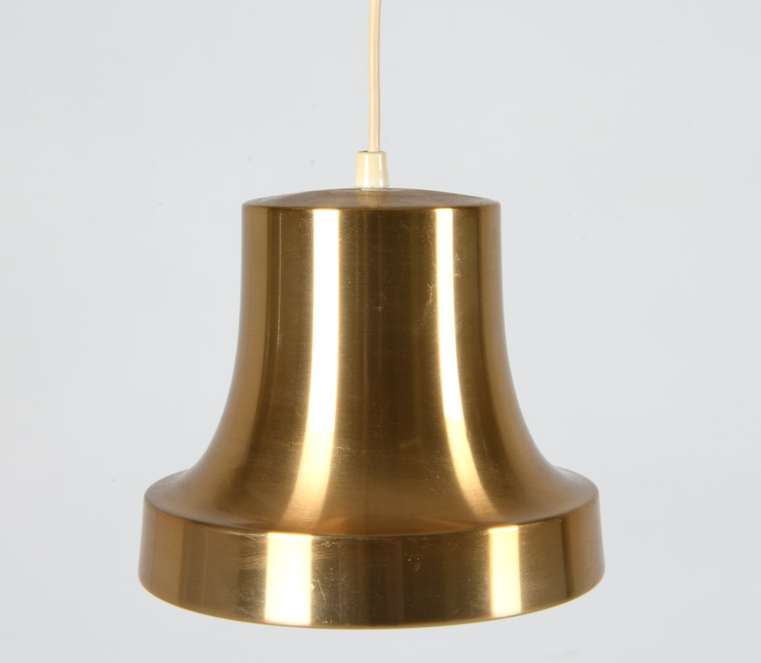 DANISH BRASS TONE METAL PENDANT LIGHT C. 1970S: Dimensions: H 6.5" x Dia. 8". Condition: Wiring untested. Few scuffs and light scratches to brass finish. Wear consistent with age and use.