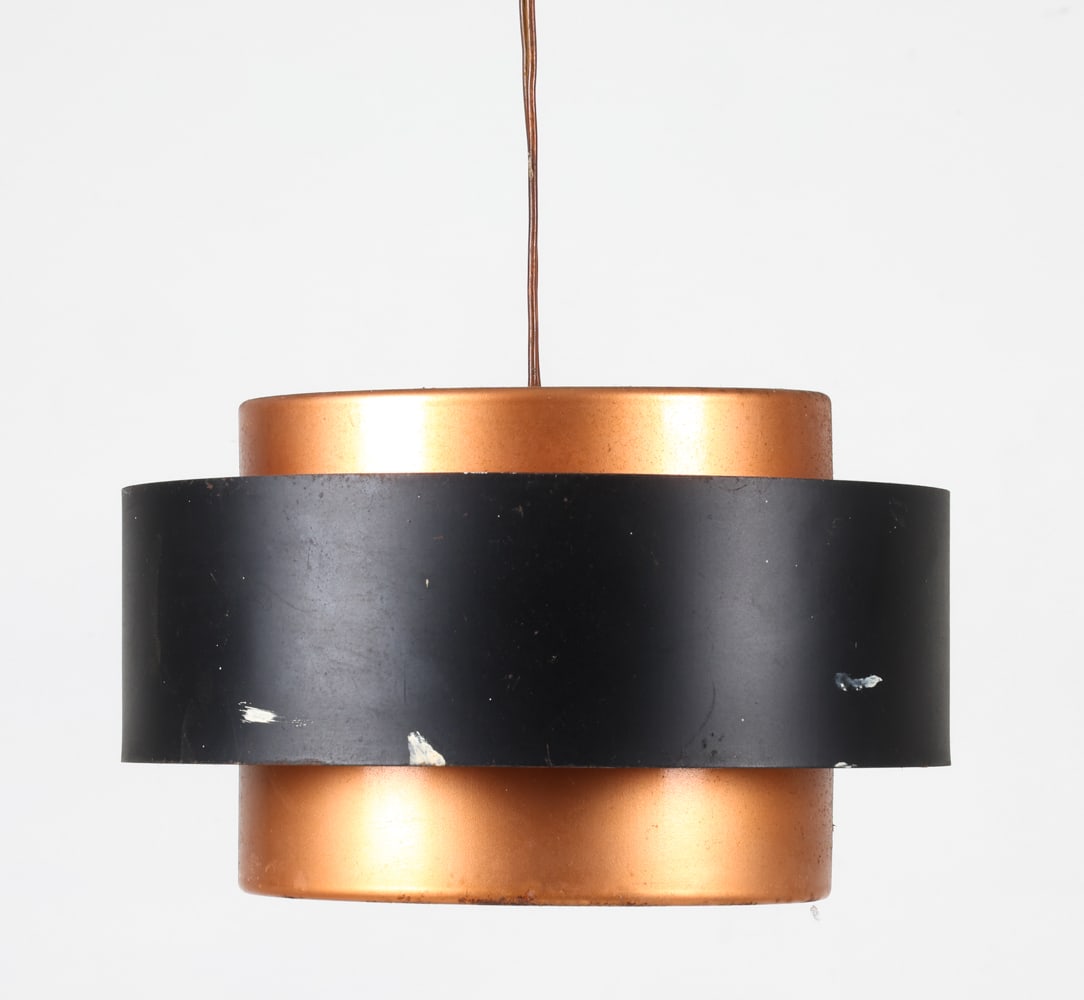 JO HAMMERBORG FOG & MORUP 'JUNO' PENDANT LIGHT: Steel pendant light with copper toned finish. Denmark, circa 1970s. Dimensions: H 6" x Dia. 9.5". Condition: Wiring untested. Scuffs and scratches. Surface dust soiling. Wear consistent with age and u