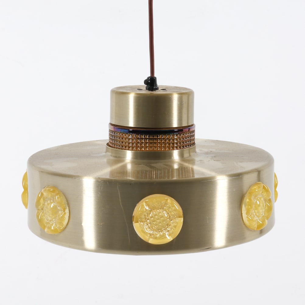 LYSKAER BELYSNING SAUCER PENDANT LIGHT: Brass toned saucer pendant light with textured glass inner shade. Denmark, circa 1960s. Dimensions: H 6.5" x Dia. 10.75". Condition: Wiring untested. Few dents and dings to shade. Wear consistent with