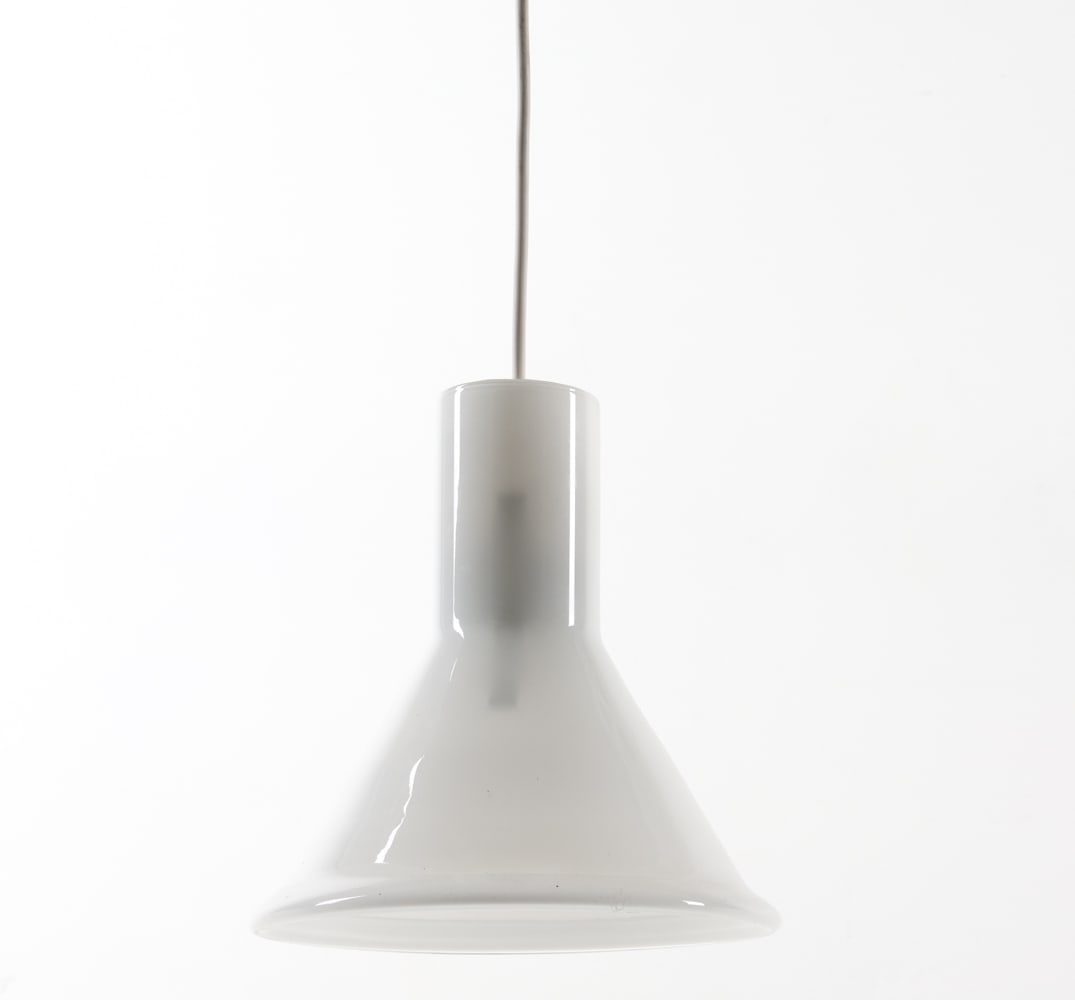 HOLMEGAARD MICHAEL BANG MINI PENDANT LIGHT: Opal white glass shade. Tagged to interior near socket. Dimensions: H 8.5" x Dia. 7.5". Condition: Wiring untested. Paint marks at top near socket. Wear consistent with age and use.