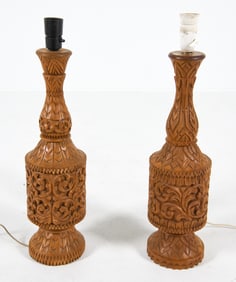 PAIR 20TH C. INDONESIAN CARVED WOODEN TABLE LAMPS