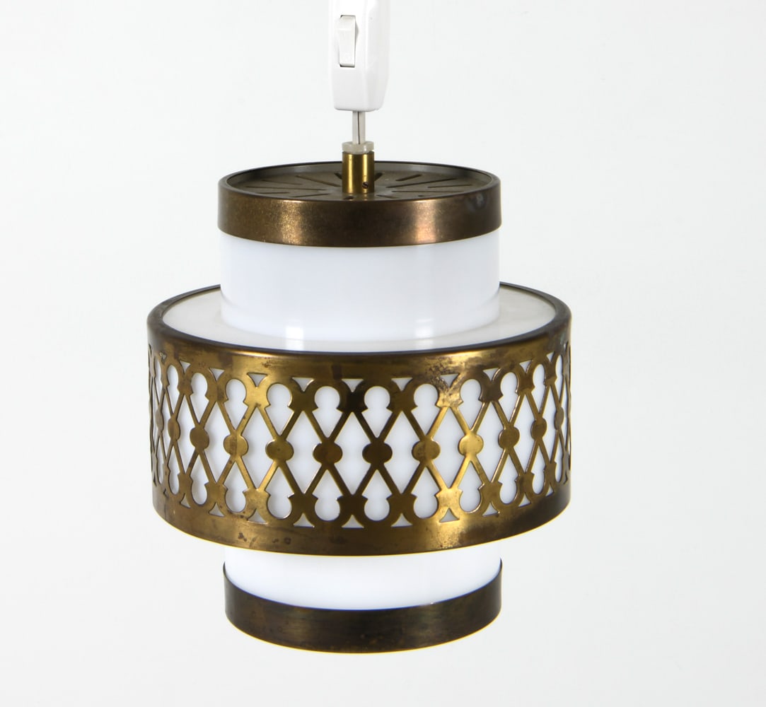 LYFA DANISH BRASS & GLASS PENDANT LIGHT C. 1970S: Tag inside. Dimensions: H 7.5" x Dia. 7.5". Condition: Wiring untested. Few light scuffs to glass, few spots of oxidation to brass. Wear consistent with age and use.