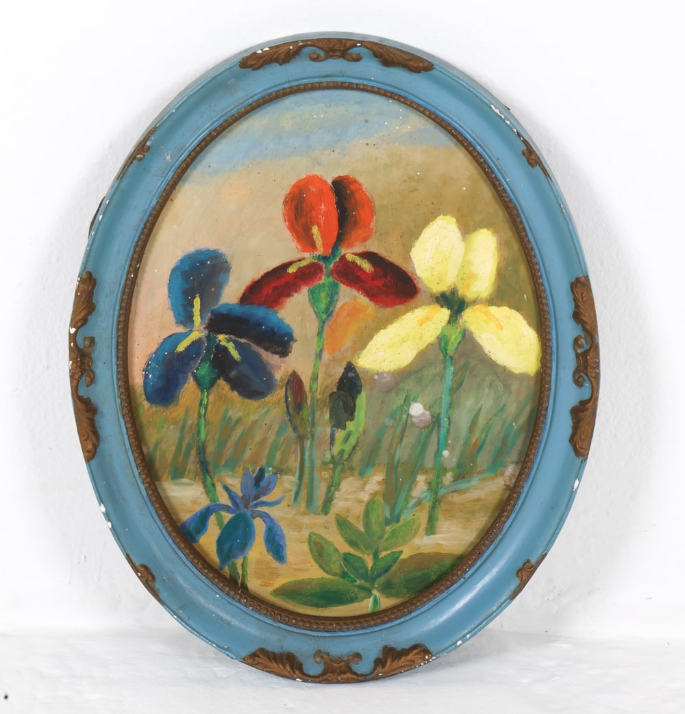 DANISH STIL LIFE FLOWERS O/B PAINTING: Still life painting of flowers in painted oval frame. Oil on board. Circa 1970s. Dimensions: H 17.75" x W 14.25". Sight H 14.5" x W 11.25". Condition: Not examined out of frame. Scuffs, dings, and scr