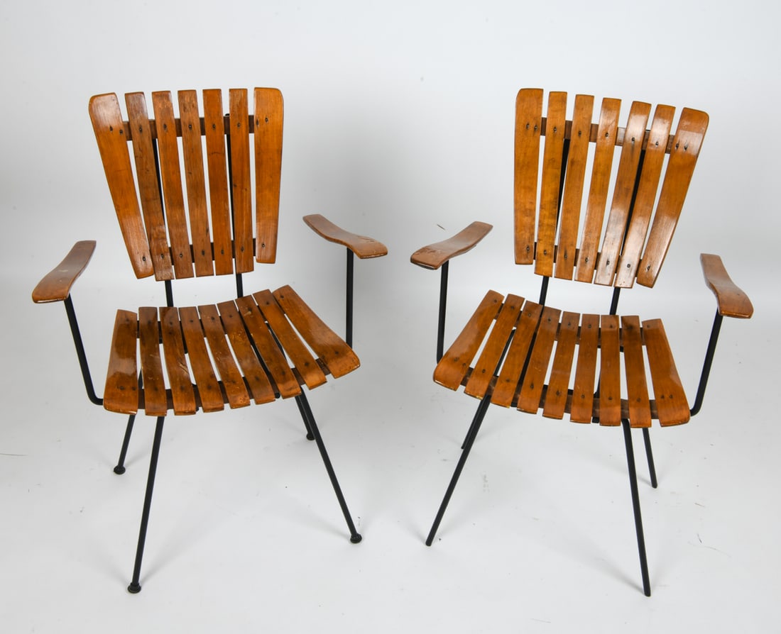PAIR OF ARTHUR UMANOFF FOR RAYMOR ARMCHAIRS 1960S: Mid-Century slat wood dining chairs designed by Arthur Umanoff for Raymor. Circa 1960s. Apparently unmarked. Dimensions: H 34" x W 22.75" x D 18" Condition: Wear consistent with age and use. Minor scr