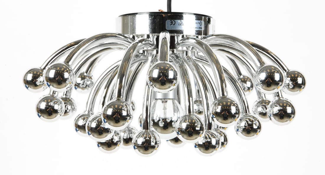 MID-CENTURY VALENTI PISTILLINO CEILING LIGHT: Valenti lamp. Model: Pistillino. Made in Italy. Marked on the lamp. Dimensions: H 6" x Dia 13" Condition: Wear consistent with age and use. Scratches and nicks.