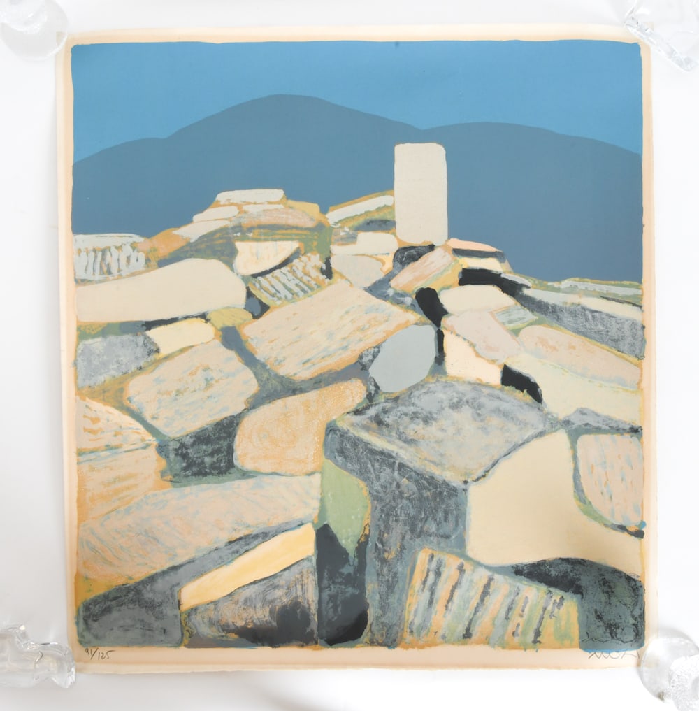 ROGER MUHL ABSTRACT PRINT: Abstract print on paper. '91/125' and 'MUHL' signed. Dimensions: H 28" x W 26.5" Condition: Wear consistent with age. Minor scratch to surface.