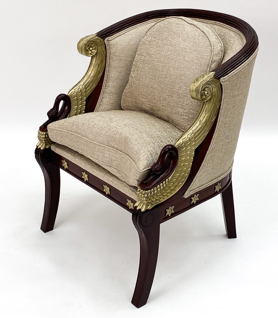 MAITLAND SMITH STYLE EMPIRE REVIVAL CHAIR: Swan detailing on arms with gold-tone painting. Apparently unmarked. Dimensions: H 32" x W 26" x D 25" x SH 20" Condition: Wear consistent with age and use. Scratches, nicks, dings and light signs of 