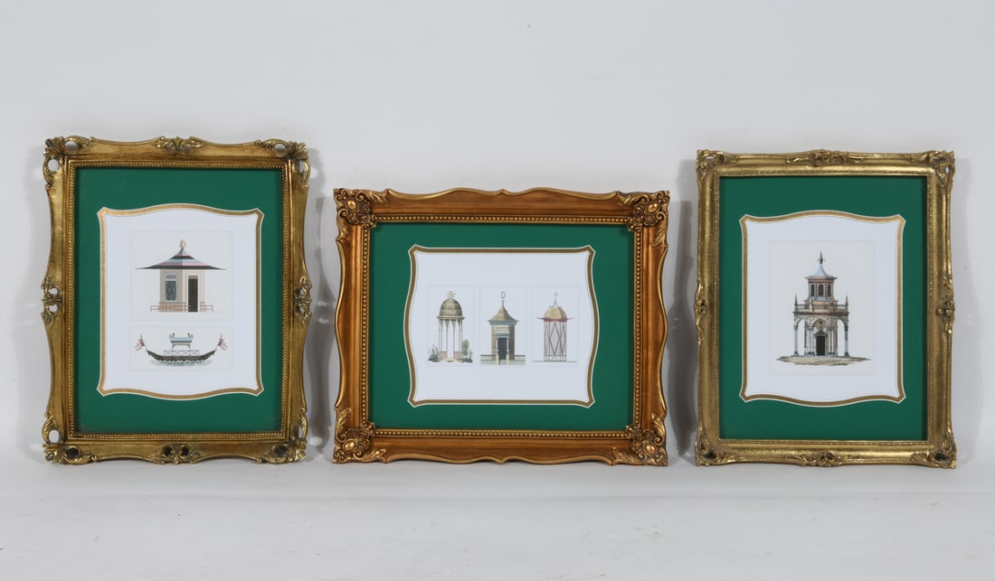 GROUPING OF ARCHITECTURAL DESIGN PRINTS: Architectural design sketches. Dimensions: (Frame) H 14" x W 17" (Sight) H 10" x W 8" Condition: Scratches, nicks and dings to frame.