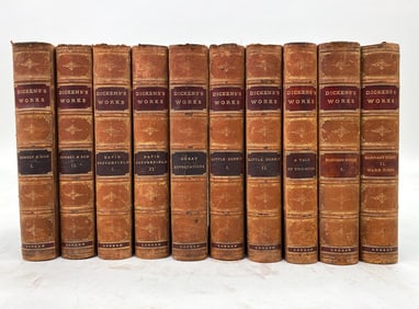 (10) LEATHER BOUND VOLUMES DICKENS WORKS 19TH C.