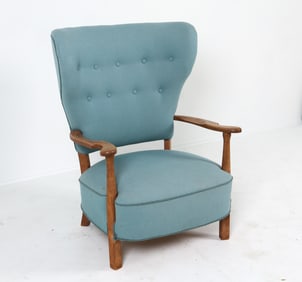 FRITZ HANSEN STYLE OAK & WOOL LOUNGE CHAIR 1960S