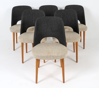 (6) ATTR. OSWALD HAERDTL OAK & WOOL DINING CHAIRS