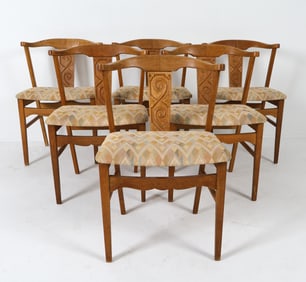 (6) DANISH CARVED OAK DINING CHAIRS C. 1960S