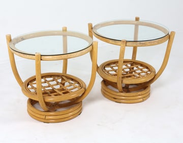 PAIR OF BAMBOO RATTAN GLASS TOP SIDE TABLES