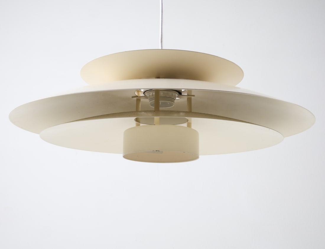 POUL HENNINGSEN STYLE PENDANT LIGHT C. 1970S: Tiered steel pendant light in the style of Poul Henningsen's saucer light. Denmark, circa 1970s. Dimensions: H 7.5" x Dia. 17". Condition: Wiring untested. Minor scuffs and scratches. Some old adhesiv