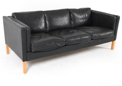 STOUBY DANISH BLACK LEATHER SOFA C. 1970S