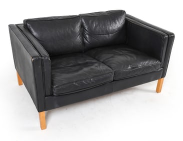 STOUBY DANISH BLACK LEATHER LOVESEAT SOFA C. 1970S