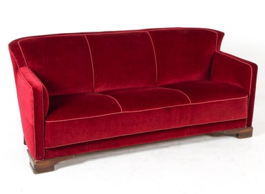 MID-CENTURY DANISH RED VELOUR SOFA C. 1950S