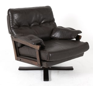 ARNE NORELL STYLE TEAK & LEATHER SWIVEL CHAIR